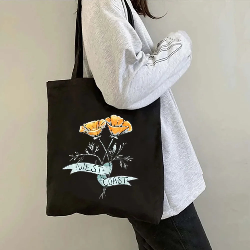 Succulove Floral Cotton Tote Bag | Large Capacity Handbag with Tulips, Hydrangeas, Sunflowers & More (Casual Shoulder Shopper, Eco-Friendly)