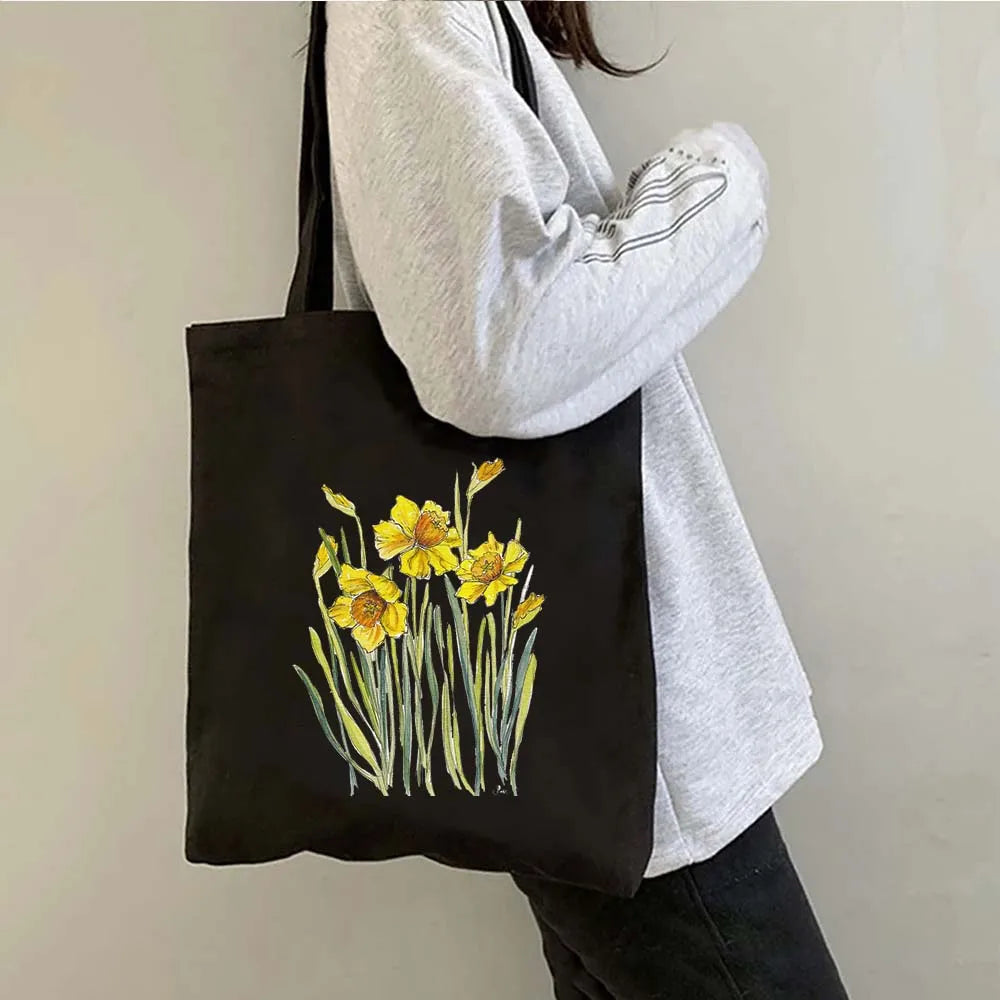 Succulove Floral Cotton Tote Bag | Large Capacity Handbag with Tulips, Hydrangeas, Sunflowers & More (Casual Shoulder Shopper, Eco-Friendly)