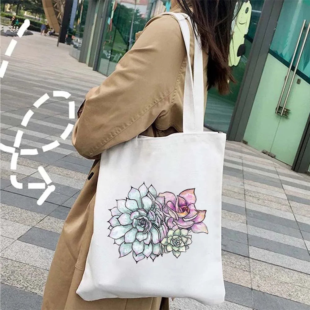 Succulove Floral Cotton Tote Bag | Large Capacity Handbag with Tulips, Hydrangeas, Sunflowers & More (Casual Shoulder Shopper, Eco-Friendly)