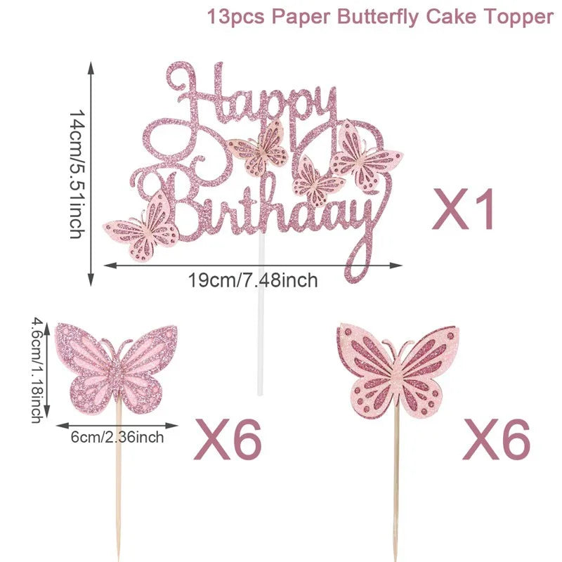 Happy Birthday Sequin Butterfly Cake Topper For Princess Girl Birthday Party Cake Decor Butterflies Wedding Party Decoration