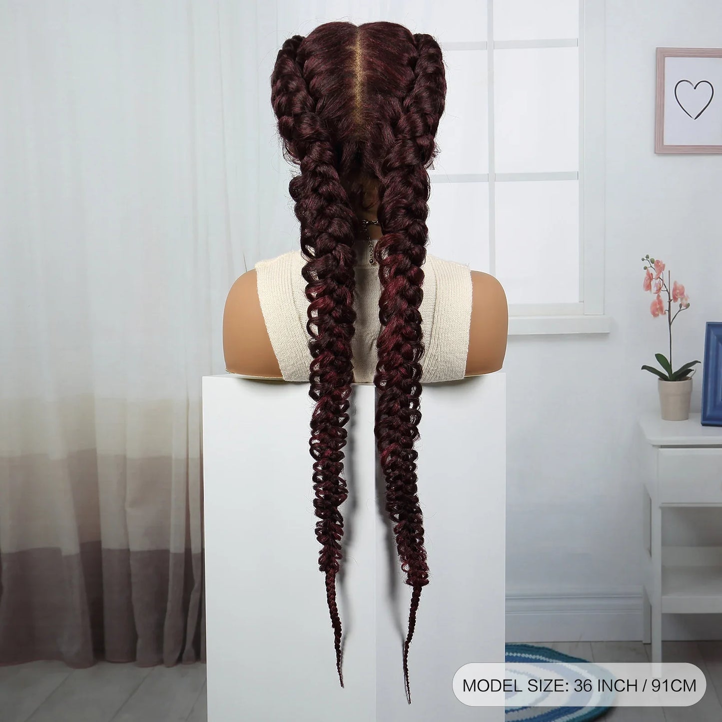 36" Burgundy Twist Cornrow Braids Wig | 99J | Lace Frontal | Baby Hair