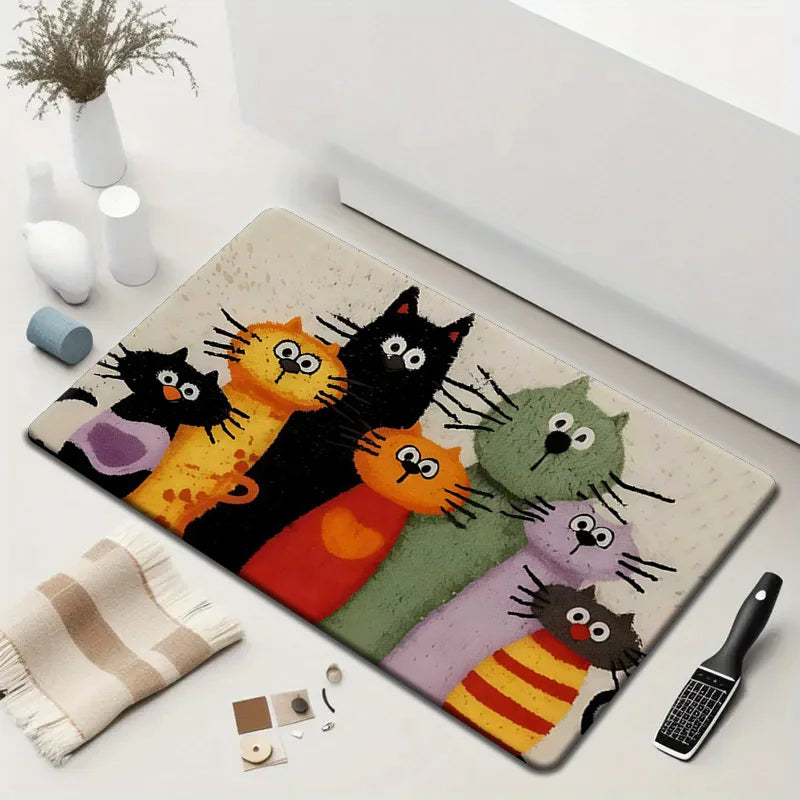 VIKAMA Adorable Cartoon Cat Family Carpet Welcome Mat Doormat Kitchen Rug Carpet For Live Room Bathroom Mat Rug For Bedroom Home