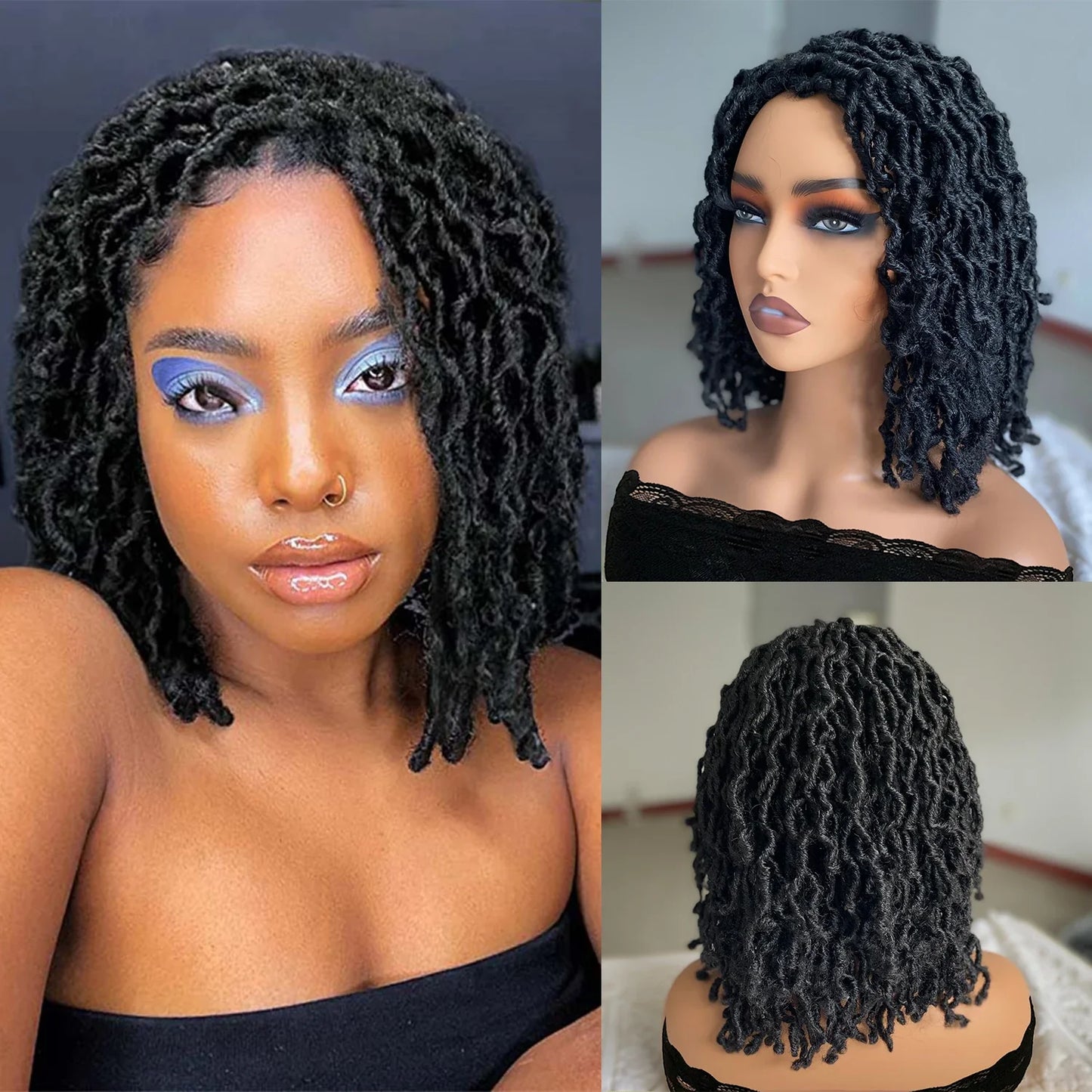 Short Goddess Faux Locs Wig | Brown Highlight Dreadlock Wig | Afro Braided Crochet Wig | Synthetic Hair
