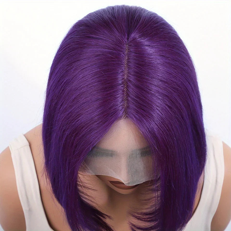 Purple Straight Bob Wig | 13x5x1 Brazilian Human Hair Lace Part with 180% Density (Party Style, Remy)
