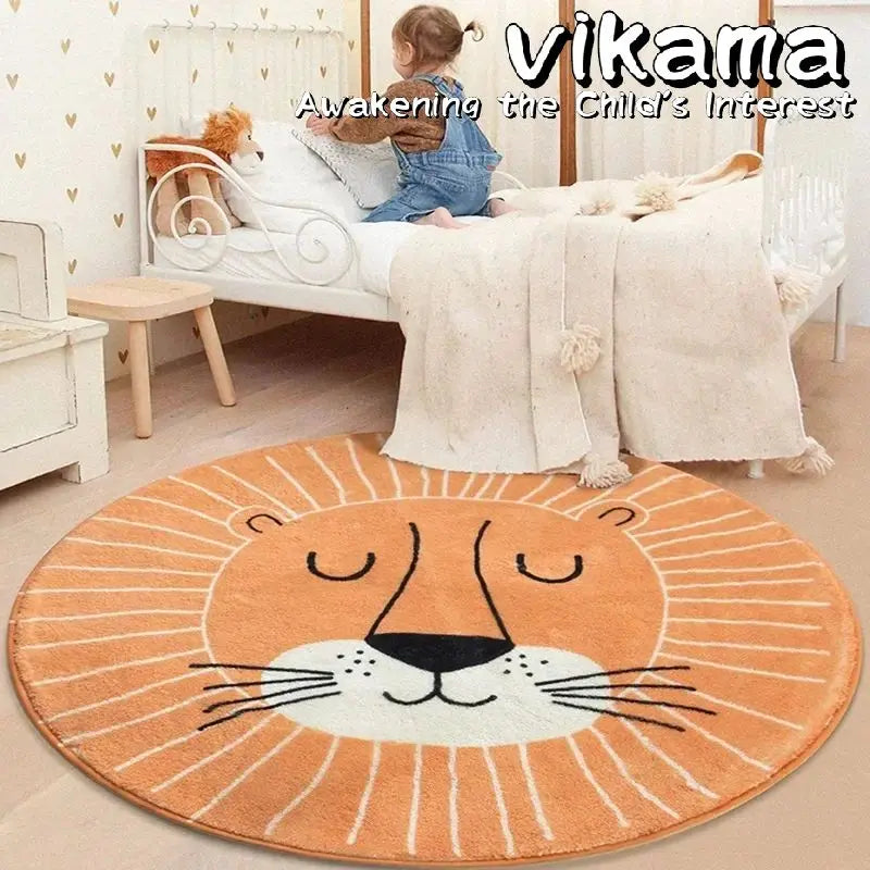 VIKAMA Cartoon Animal Imitation Cashmere Round Carpet Living Room Bedroom Bedside Sofa Decorative Carpet Anti-slip Washable Rug