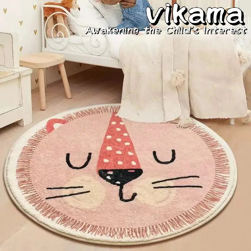 VIKAMA Cartoon Animal Imitation Cashmere Round Carpet Living Room Bedroom Bedside Sofa Decorative Carpet Anti-slip Washable Rug