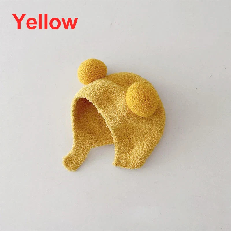 Cute Winter Warm Kids Girl Boys Baby Hats Fleece Wool Hemming Caps with Ball Solid Wool Ear Protection Hats Soft Newborn Bonnet