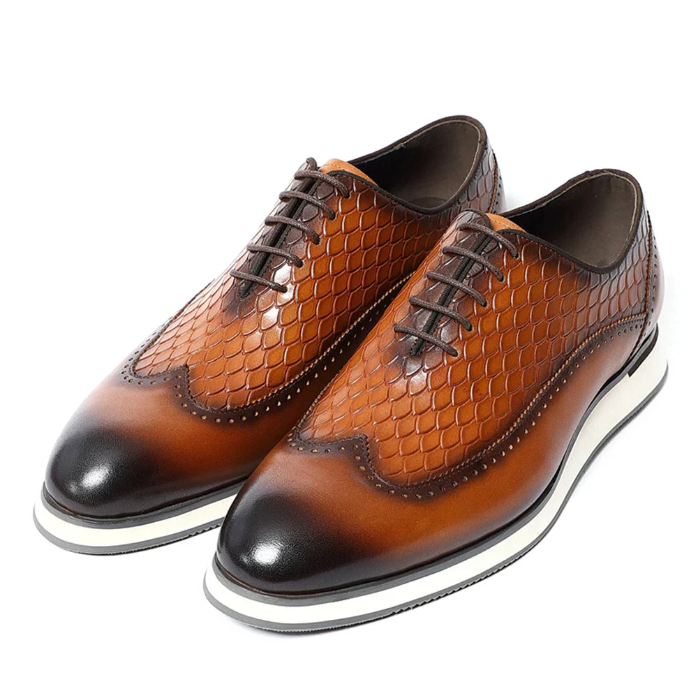Men's Natural Genuine Leather Oxfords | Classic European Style Snake Print Casual Sneakers (Breathable)