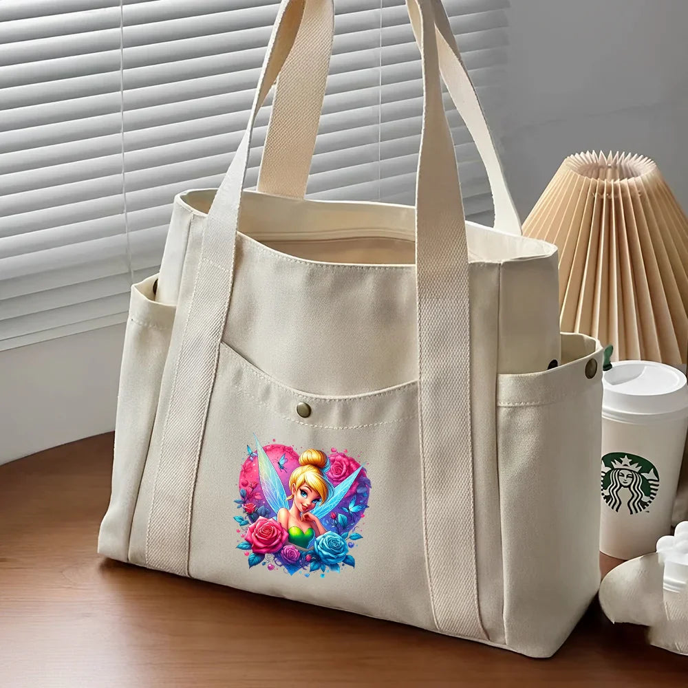 Tinker Bell Large Capacity Canvas Tote Bag | Work Commuting & College Style Student Shoulder Bag (Book Bag, Shopping Bag, Zipper Closure)