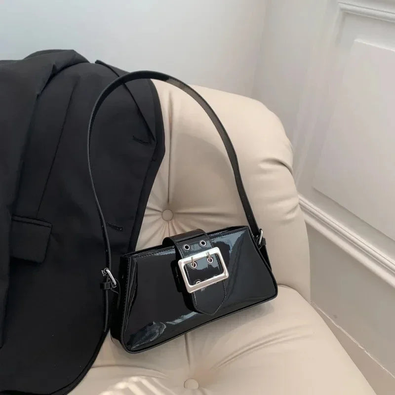 New Luxury Design Women's Glossy PU Leather Armpit Bag | Fashion Party Handbag (Patent Leather Silver Shoulder & Crossbody Bag)