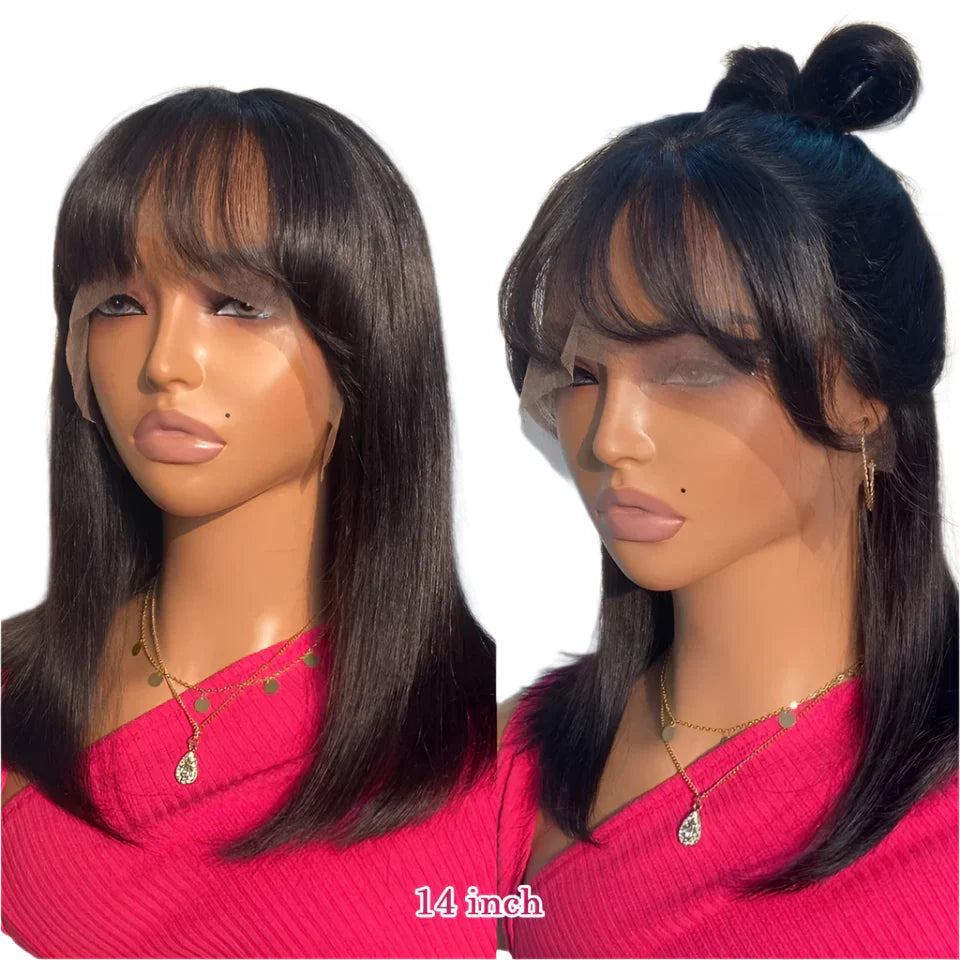 Reddish Brown Bob Wig | Straight Human Hair Lace Front with Bangs