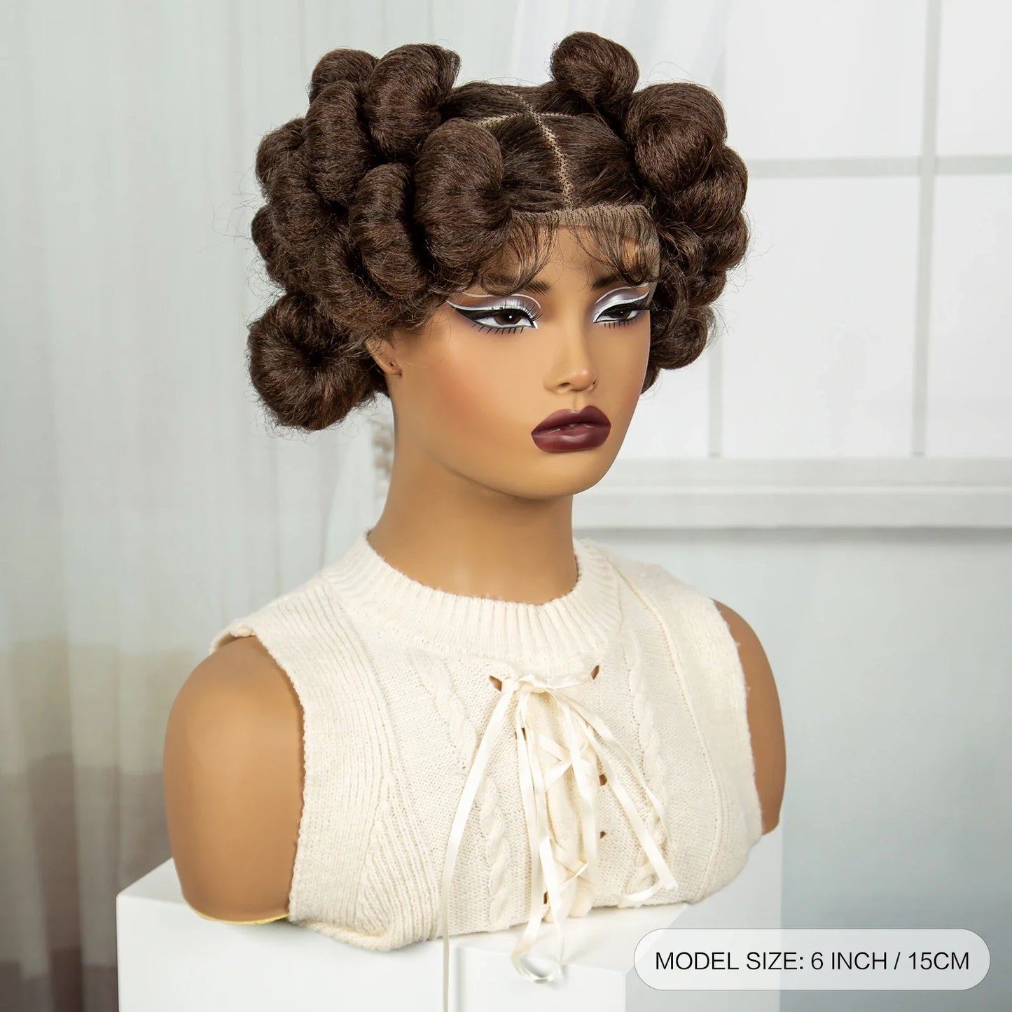 6" Short Cute Burgundy Bantu Knotless Braids Wig | Transparent Full Lace
