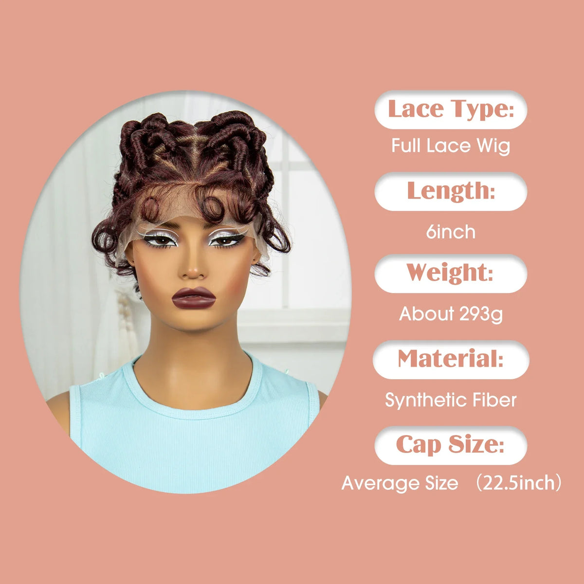 Burgundy Full Lace Synthetic Braided Wig | Knotless Box Braids & Bantu Knots | Lace Front Wig with Baby Hair for Black Women