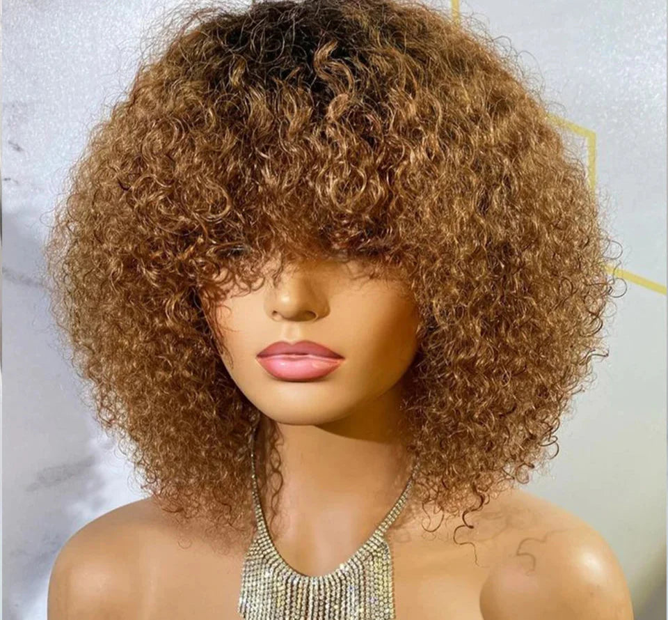 Rebecca Ombre Brown Curly Wig with Bangs | Loose Deep Wavy Brazilian Remy Human Hair