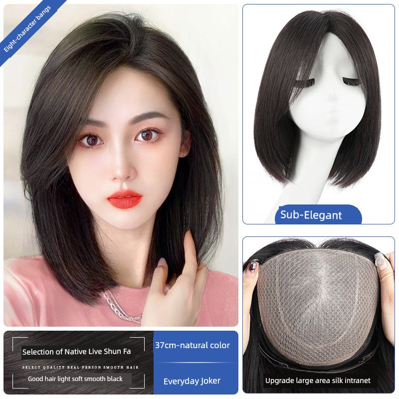 Natural Full-Head Human Hair Wig | Classy Collarbone Length Short Straight Wig with Oblique Bangs for Women (Sweet & Lovely, Elegant Style)