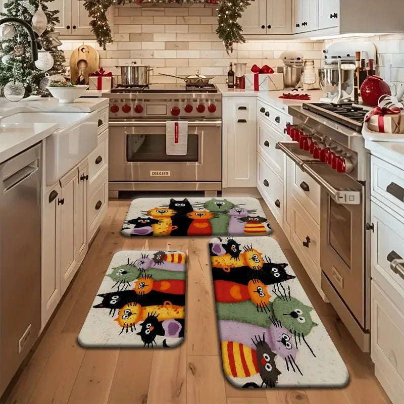 VIKAMA Adorable Cartoon Cat Family Carpet Welcome Mat Doormat Kitchen Rug Carpet For Live Room Bathroom Mat Rug For Bedroom Home