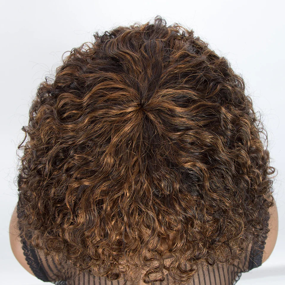 Highlight Honey Blonde Jerry Curly Bob Wig with Bangs | Non-Lace Front Human Hair