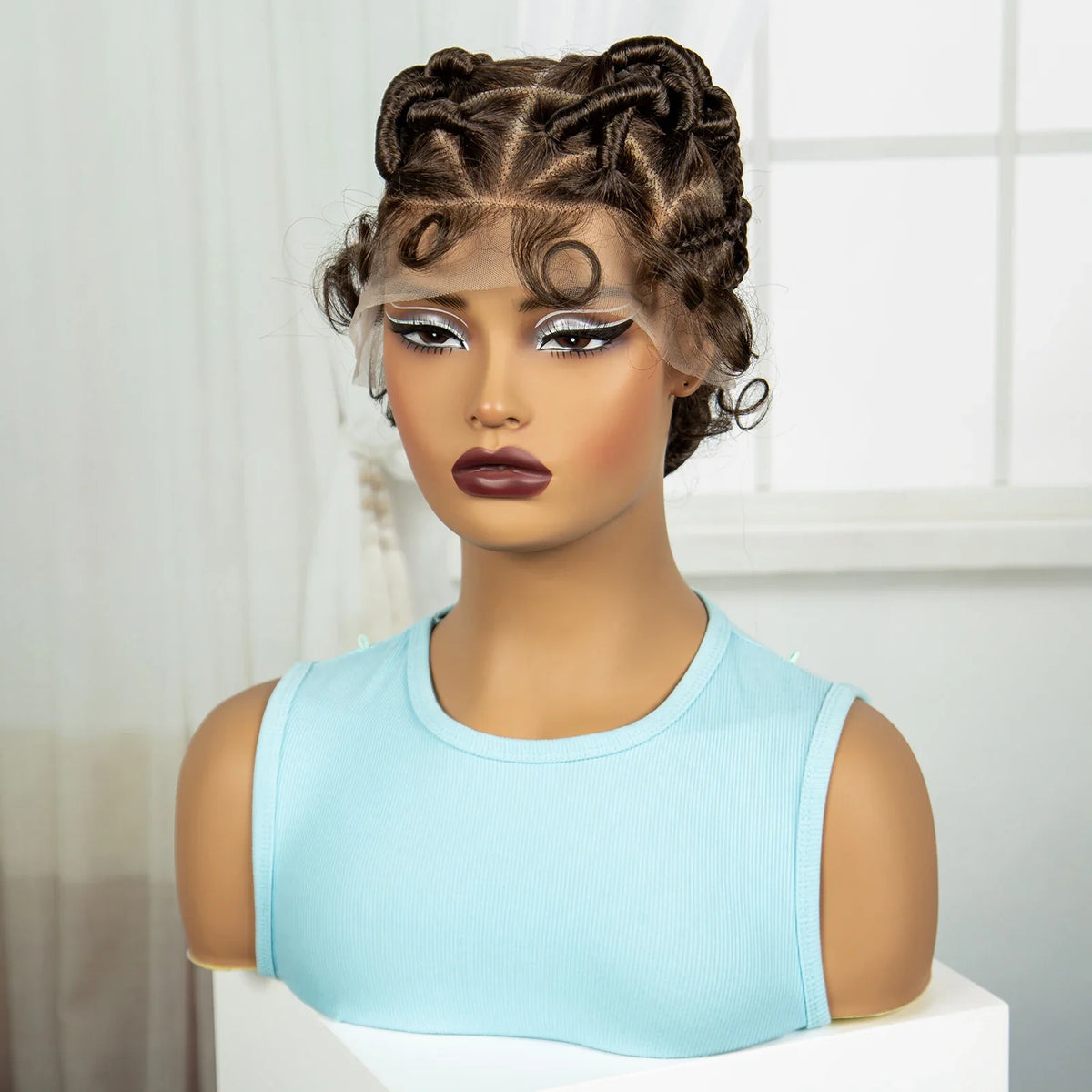 Burgundy Full Lace Synthetic Braided Wig | Knotless Box Braids & Bantu Knots | Lace Front Wig with Baby Hair for Black Women