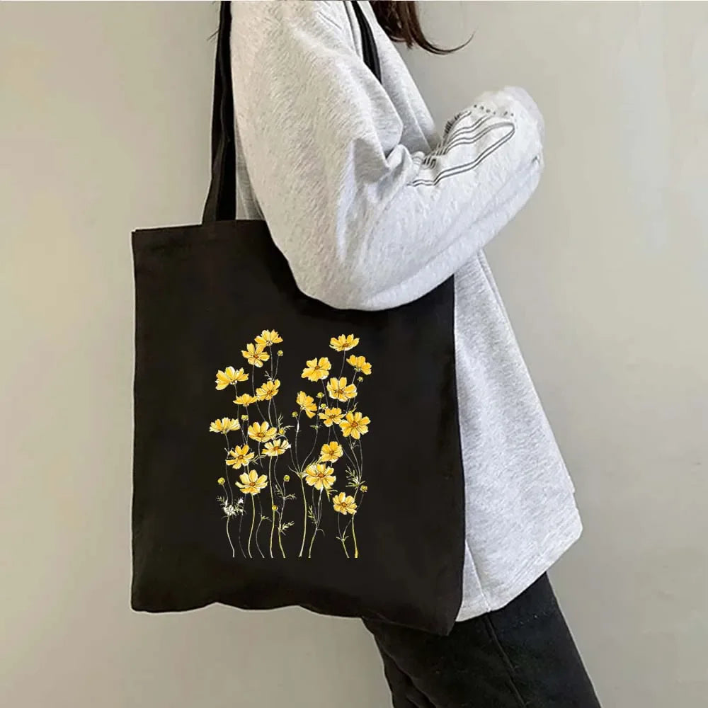 Succulove Floral Cotton Tote Bag | Large Capacity Handbag with Tulips, Hydrangeas, Sunflowers & More (Casual Shoulder Shopper, Eco-Friendly)