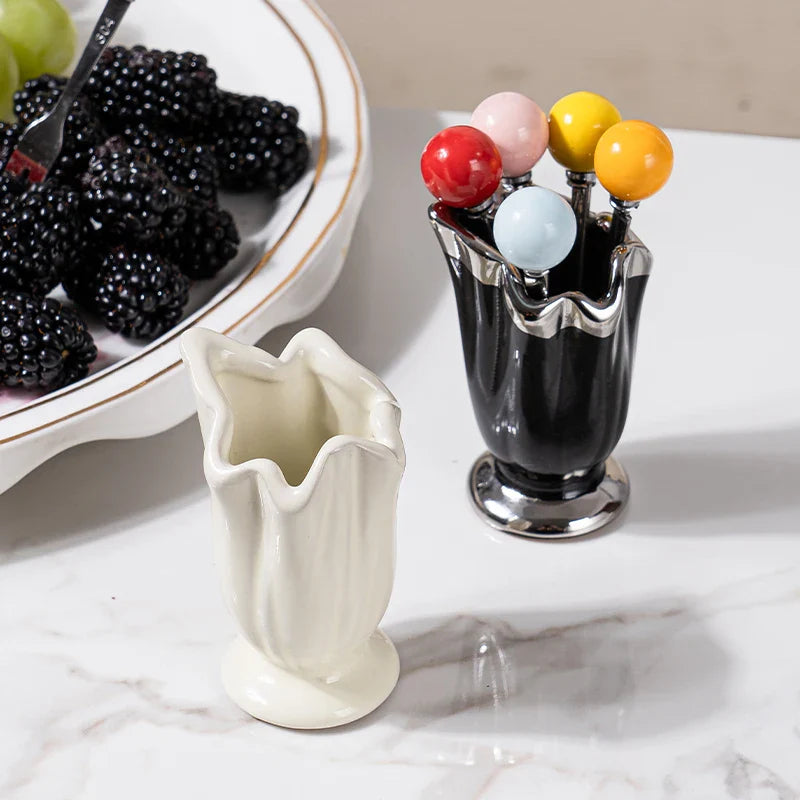 High-end home stainless steel fruit fork and dessert set, with ceramic storage container - innovative fruit fork