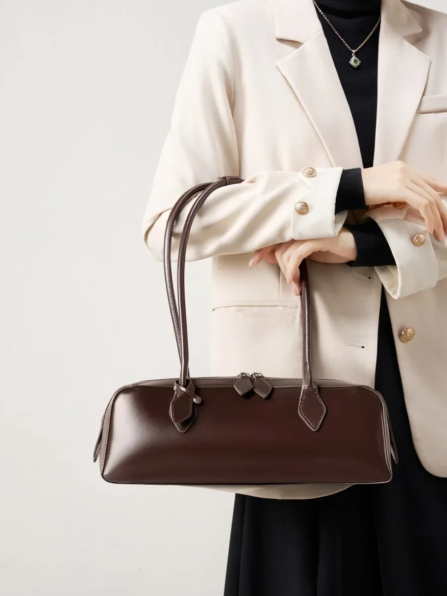 New Genuine Leather Women's Shoulder Bag | Large Capacity Cowhide Luxury Handbag (Long Strip Wine Red Baguette Bag)