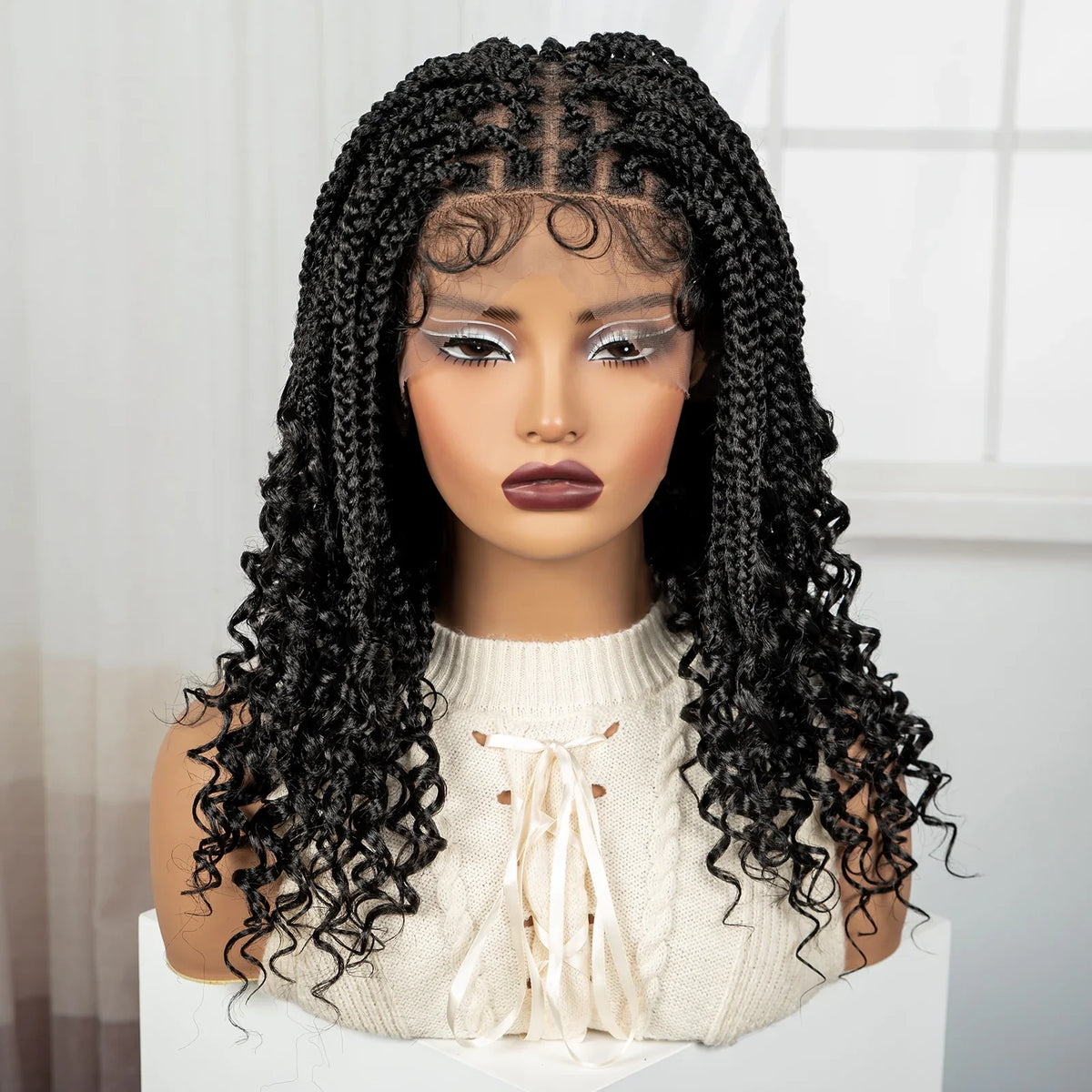 Knotless Box Boho Braided Wig with Curly Ends | Short Bob Style | Full Lace Synthetic Wig for Black Women