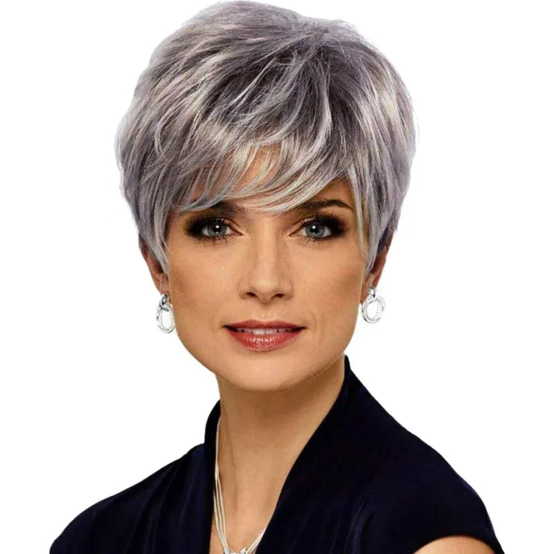 Short Brown Bob Wig with Bangs | Mixed Blonde Synthetic Natural Hair Wig for Women (Soft Mommy Hair, Daily Use)
