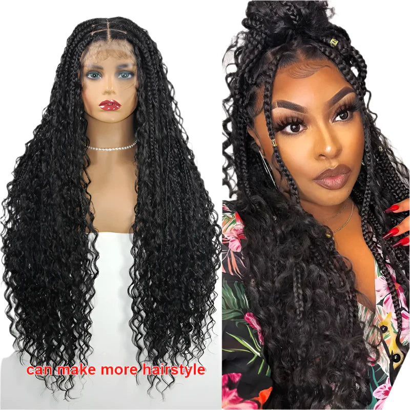 Boho Curly End Braided Full Lace Front Wig | Goddess Locs | Knotless Box Braids | Synthetic Bohemian Wig