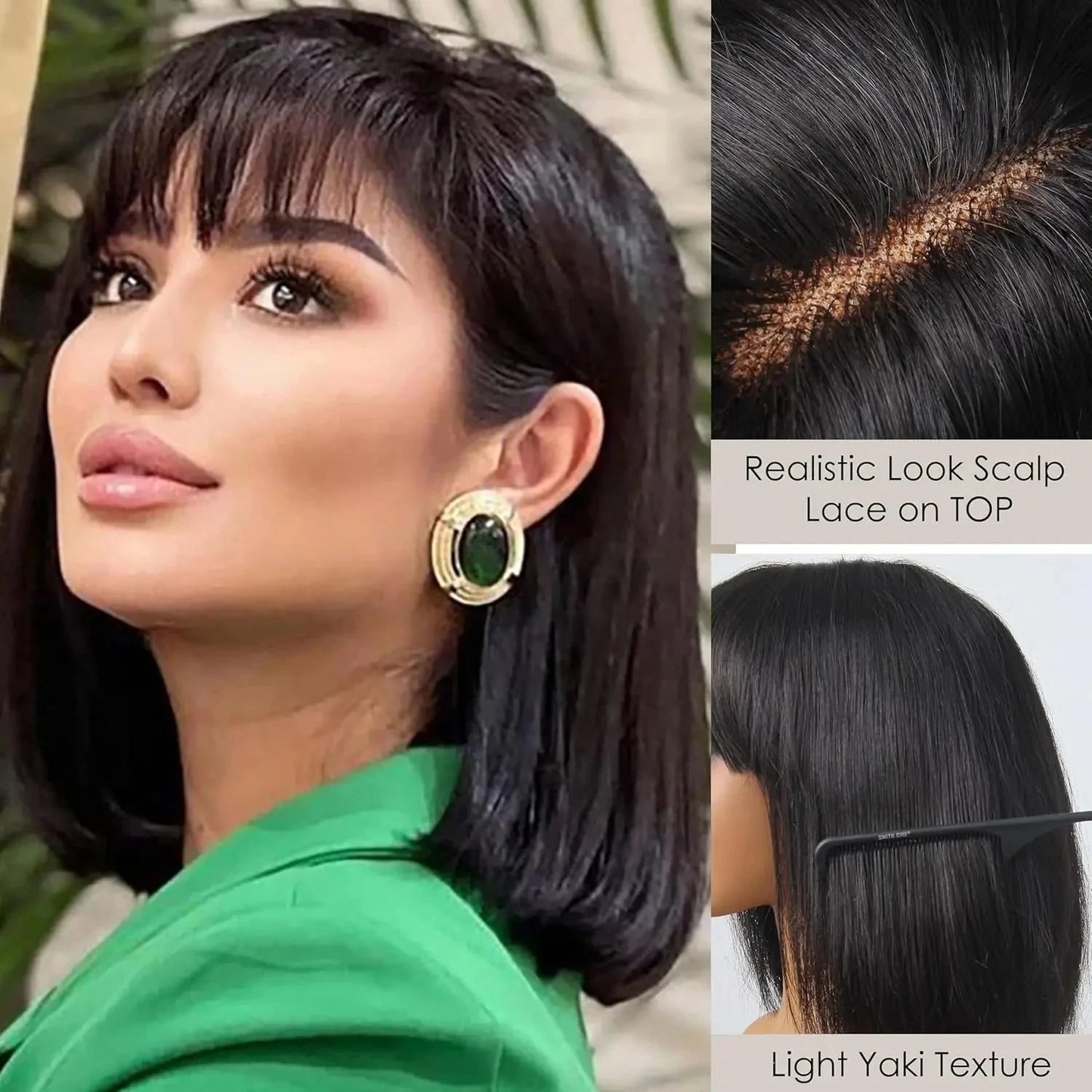 Brazilian | Remy | 100% Human Hair | Natural | Black | Put On and Go | Realistic | Glueless | Transparent | Yaki Straight | Bob with Bangs