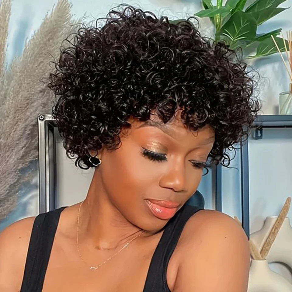 Brazilian Short Pixie Bob Afro Kinky Curly Wig with Bangs | Full Machine Made Human Hair (Natural Brown & 99J)