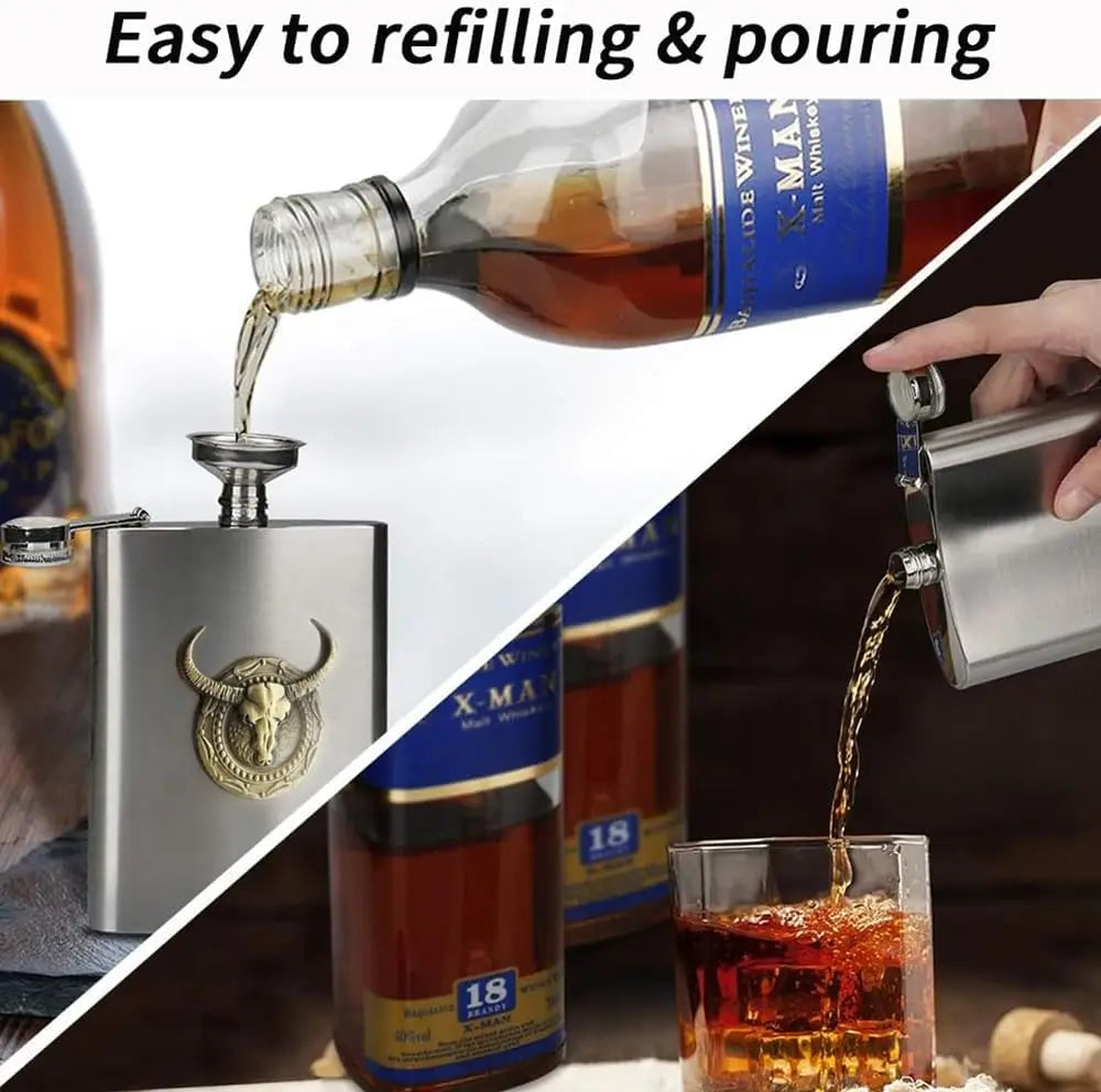 6 oz Stainless Steel Hip Flask with Bull Totem Wine Pot Portable Hip Flask Travel Alcohol Liquor Bottle