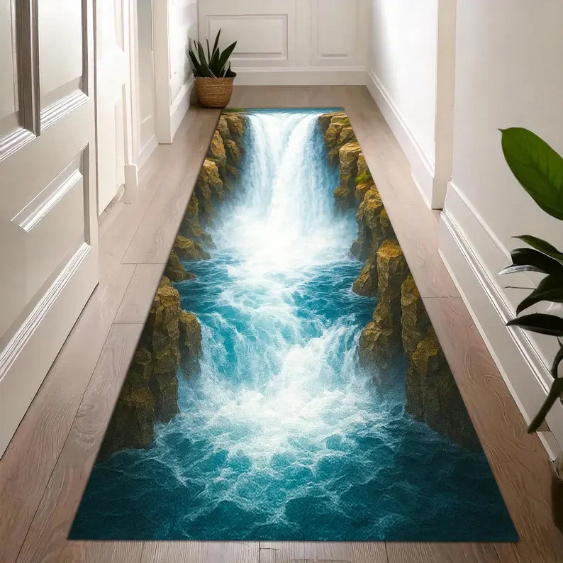 3D Waterfall Canyon Carpet Mat Rug Realistic Nature Print Non-slip Floor Mat for Living Room Bedroom Hallway Home Decoration