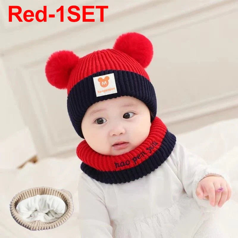 Cute Winter Warm Kids Girl Boys Baby Hats Fleece Wool Hemming Caps with Ball Solid Wool Ear Protection Hats Soft Newborn Bonnet