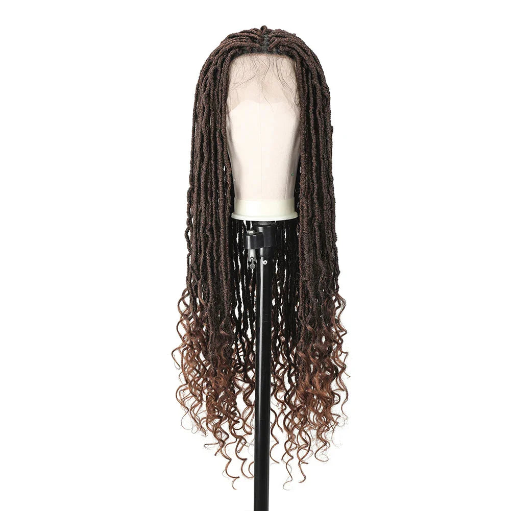 Goddess Faux Locs Crochet Wigs Synthetic Dreadlock Lace Twist Wig with Wave Curly End Lace Faux Locs Braided Wigs with Baby Hair
