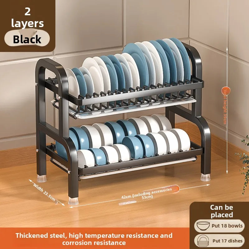 black Multi-level dish drain, dish drying rack, dish drain, large rust-proof dish drain with kitchen utensils stand