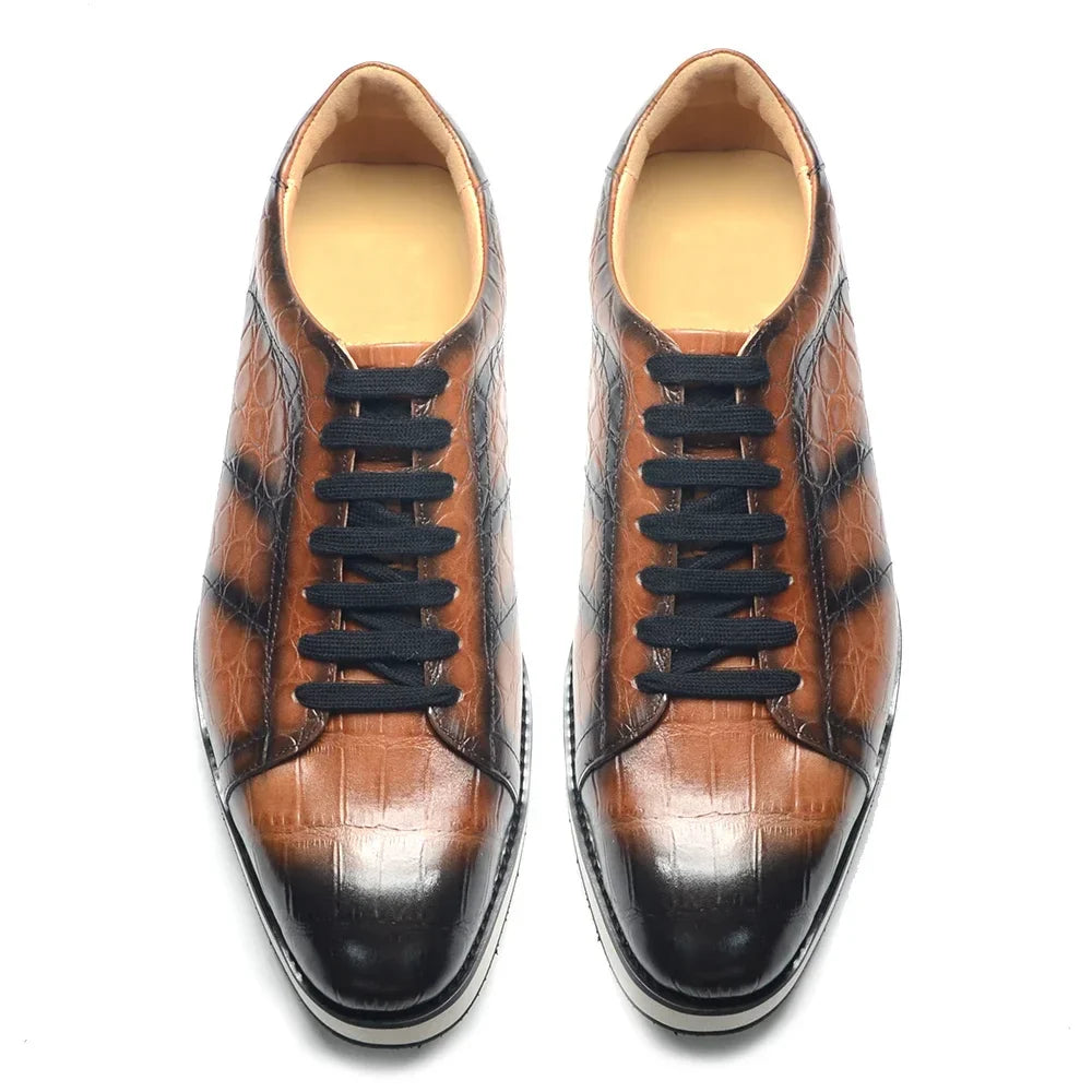 Men's Fashion Casual Sneakers | Genuine Cowhide Leather Crocodile Pattern Skateboard Shoes (Lace-up, Non-slip)