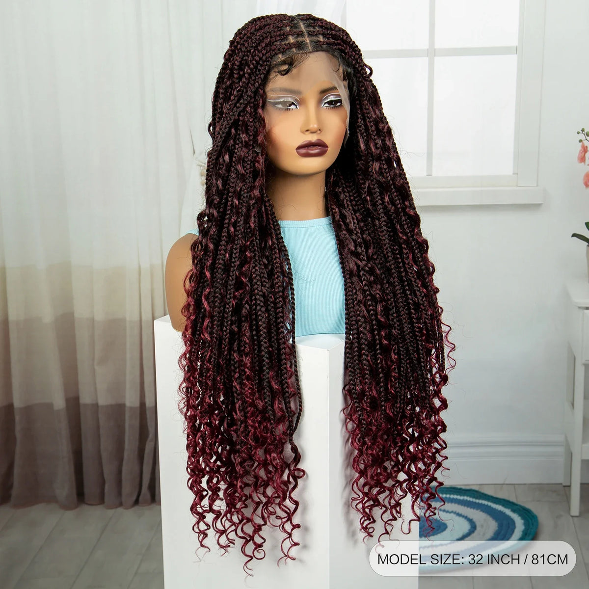Burgundy Knotless Box Braids Wig with Curly Ends | Full Lace Handmade