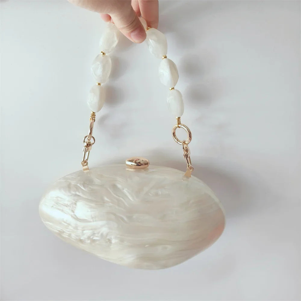 Oval Marble Beige Shell Acrylic Luxury Elegant Lady Evening Bag | Cute Handbag & Wedding Girl Female Mini Purse
