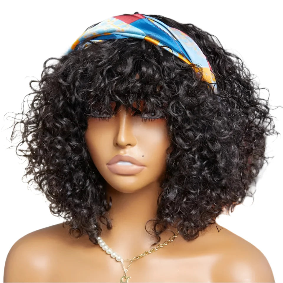 Highlight Honey Blonde Jerry Curly Bob Wig with Bangs | Non-Lace Front Human Hair
