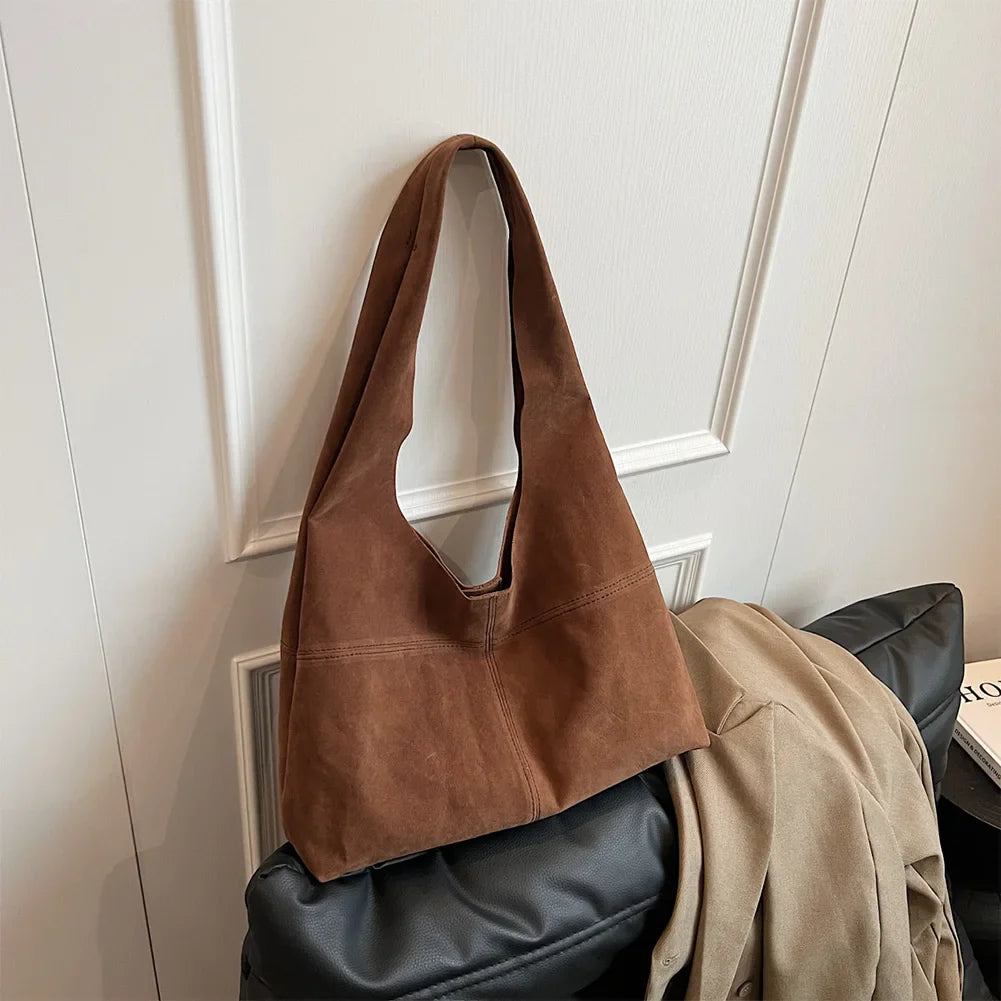 Women's Faux Suede Tote Bag | Vintage Large Capacity Shoulder & Underarm Handbag (Designer Style, Simple Commuting Bag)