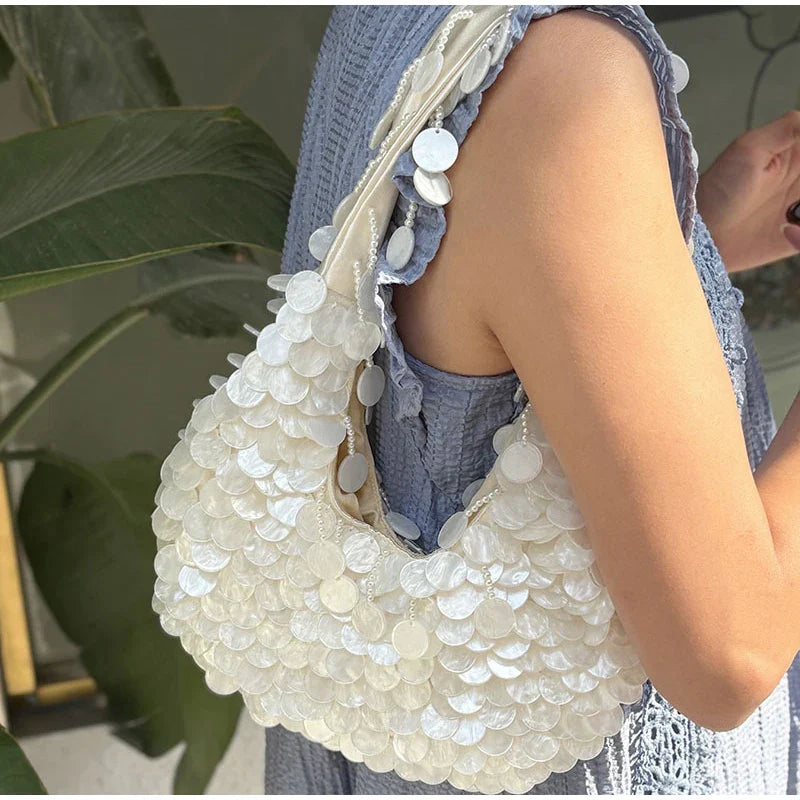 Designer Women's Pearlescent Inlay Half Moon Crossbody Bag | Exquisite Shell Beaded Handbag with Sequin & Wooden Handle Tote