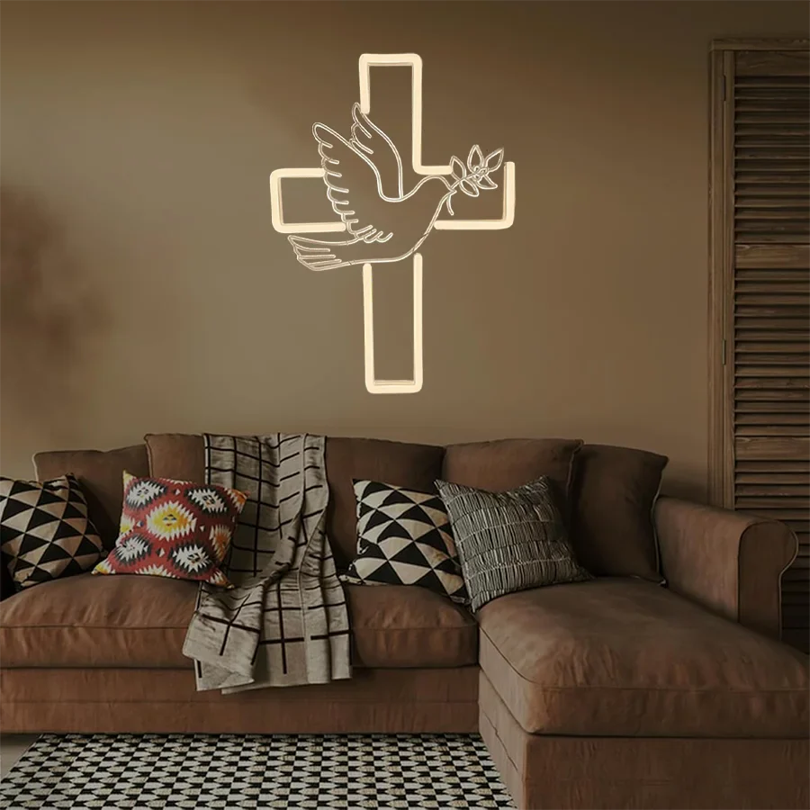 Cross Led Neon Sign, Warm White Dove Icon Usb Powered For Jesus Church, Wedding,Home, Easter Activities Decor, Easy To Hang.