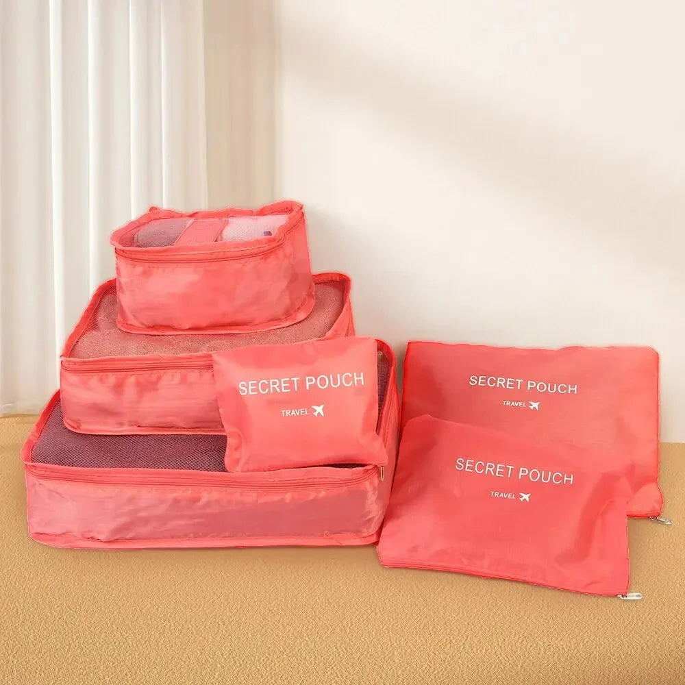 6Pcs Luggage Travel Bags | Underwear Shoes Storage Bag & Oxford Waterproof Cloth Suitcase Pouch Cube (Red Organiser for Clothing)