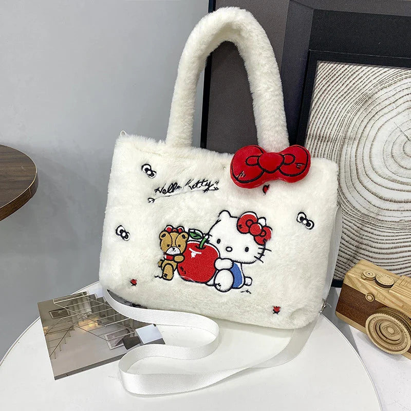 Kawaii Hello Kitty Plush Shoulder Bag | My Melody Cinnamoroll Kuromi Cute Cartoon Anime Handbag (Soft Storage Bag for Women & Girls)