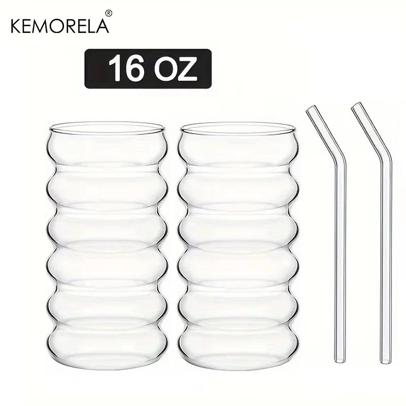 500ML 1/2/4PCS Wave Shape Beverage Glasses With Straws Vintage Glass Cups Ripple Drinking Glasses for Wine Champagne Cocktail