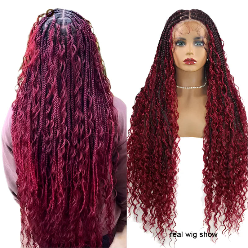 Boho Curly End Braided Full Lace Front Wig | Goddess Locs | Knotless Box Braids | Synthetic Bohemian Wig