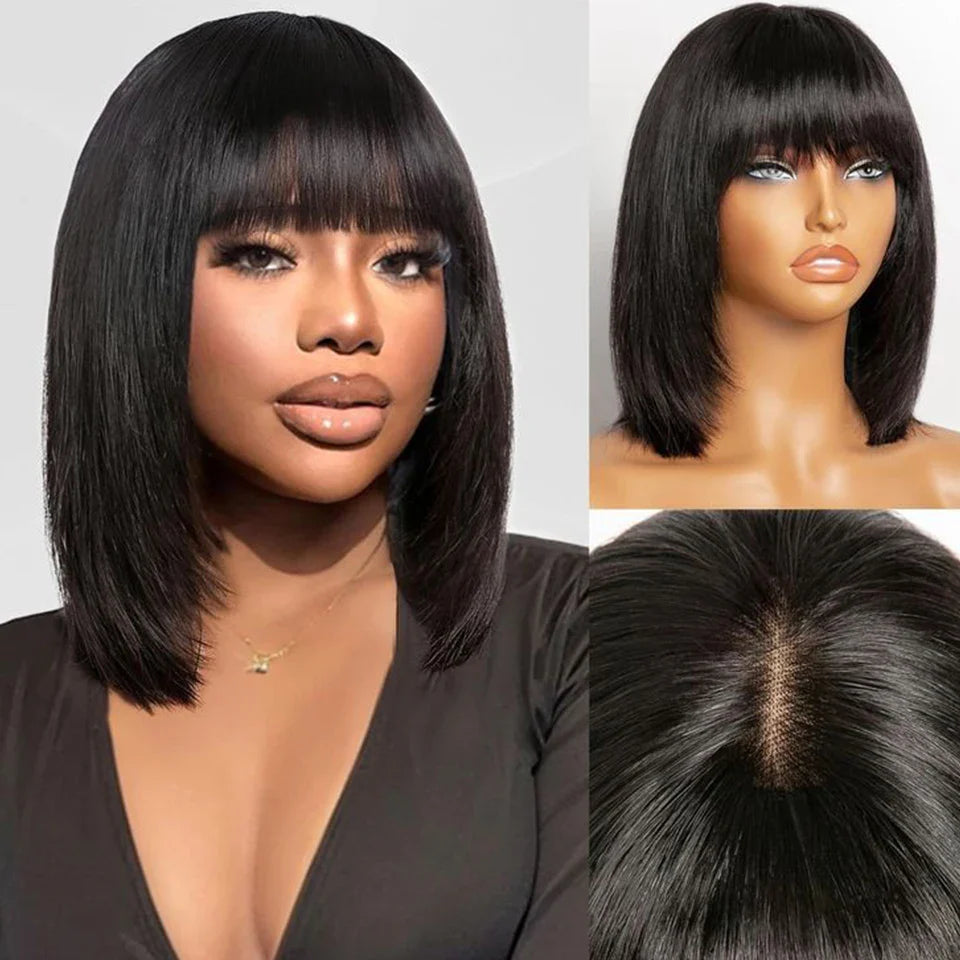 Indian Straight Bob Wig with Bangs | Glueless Middle Part Lace Human Hair (Realistic Scalp)