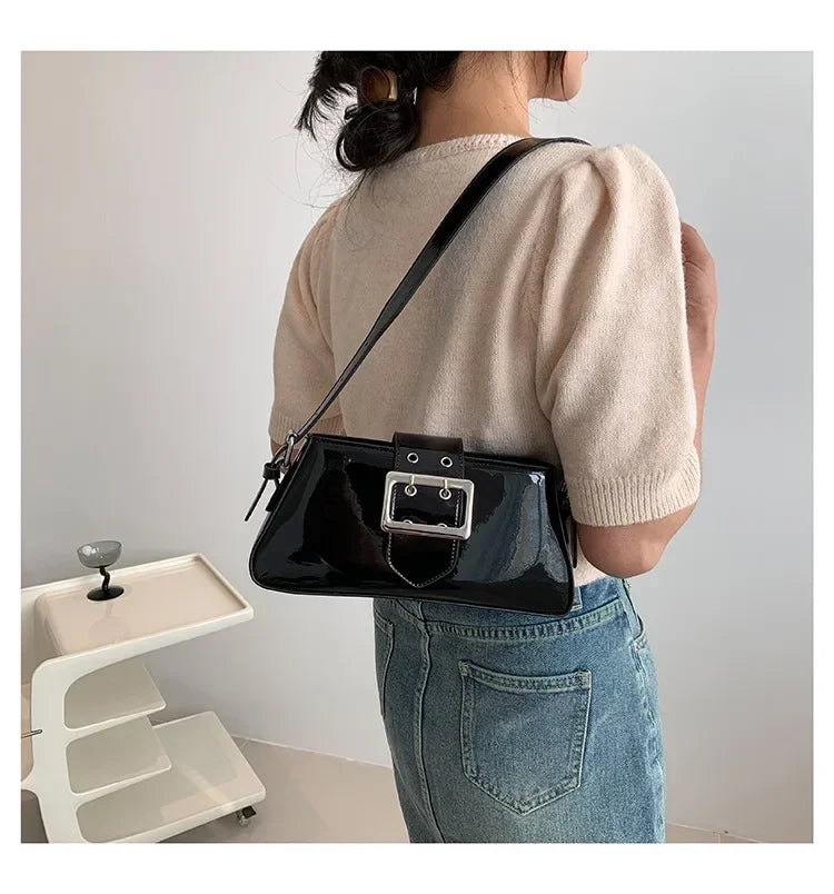 New Luxury Design Women's Glossy PU Leather Armpit Bag | Fashion Party Handbag (Patent Leather Silver Shoulder & Crossbody Bag)
