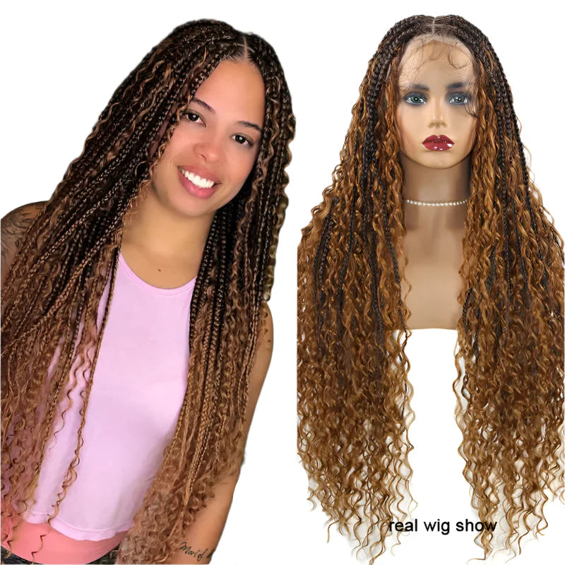 Boho Curly End Braided Full Lace Front Wig | Goddess Locs | Knotless Box Braids | Synthetic Bohemian Wig