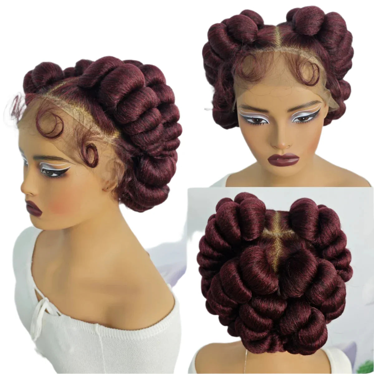 Short Cute Ginger Bantu Knotless Braids Wig | Full Lace Handmade